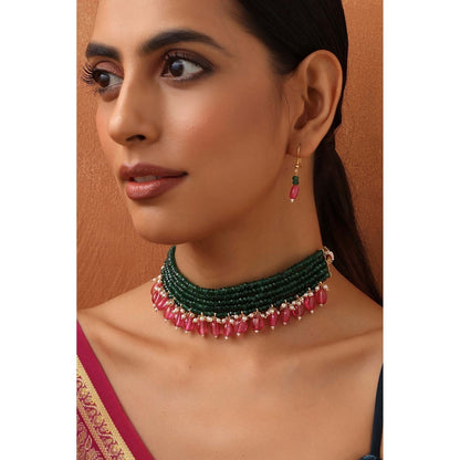 SWABHIMANN Gamya Green and Pink Choker Necklace with Earrings Set