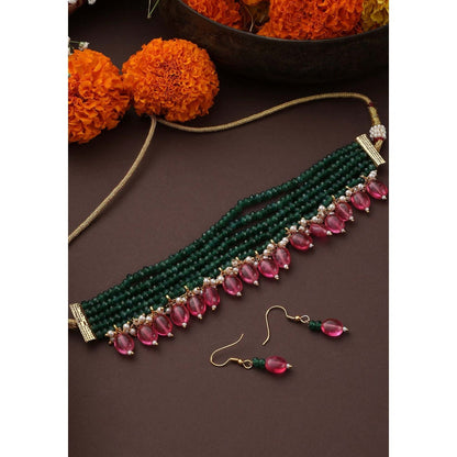 SWABHIMANN Gamya Green and Pink Choker Necklace with Earrings Set