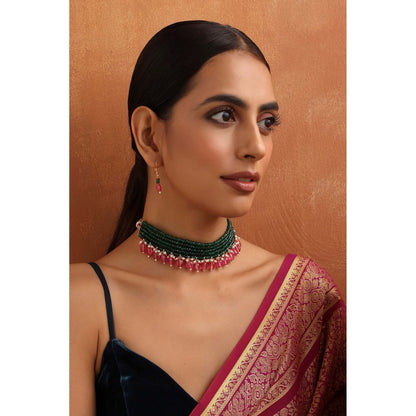 SWABHIMANN Gamya Green and Pink Choker Necklace with Earrings Set