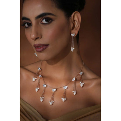 SWABHIMANN Kavini Polki and Pearl Necklace with Earrings Set