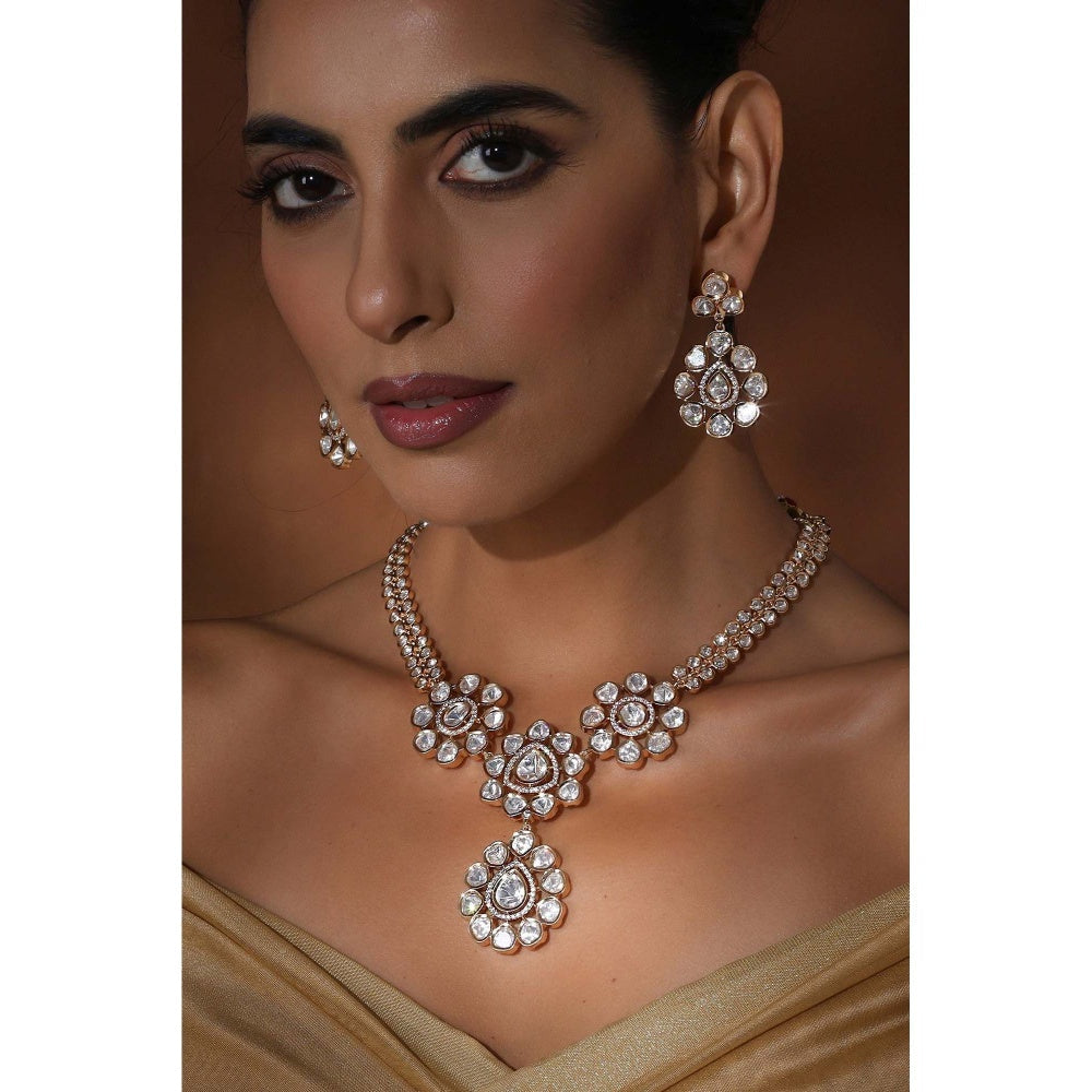 SWABHIMANN Adweta Rose Gold Polki Pendant Necklace with Earrings Set