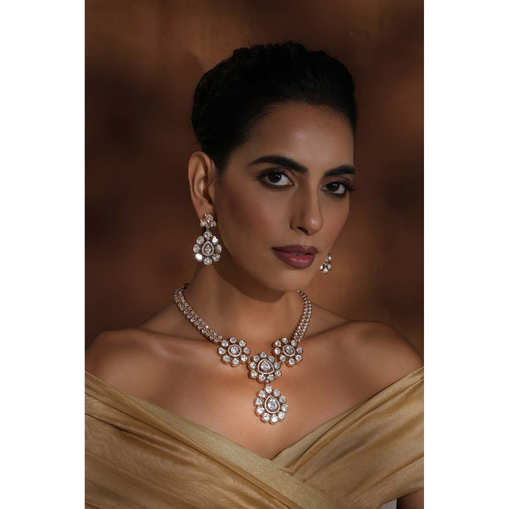 SWABHIMANN Adweta Rose Gold Polki Pendant Necklace with Earrings Set