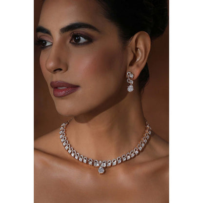 SWABHIMANN Meghana Rose Gold Polki Necklace with Earrings Set
