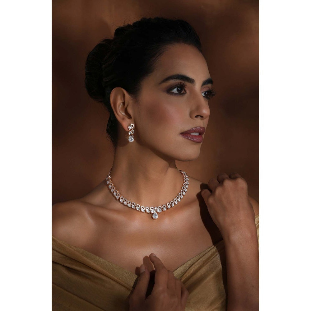 SWABHIMANN Meghana Rose Gold Polki Necklace with Earrings Set
