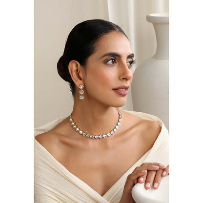 SWABHIMANN Kiran Rose Gold Polki Single Line Necklace with Earrings Set