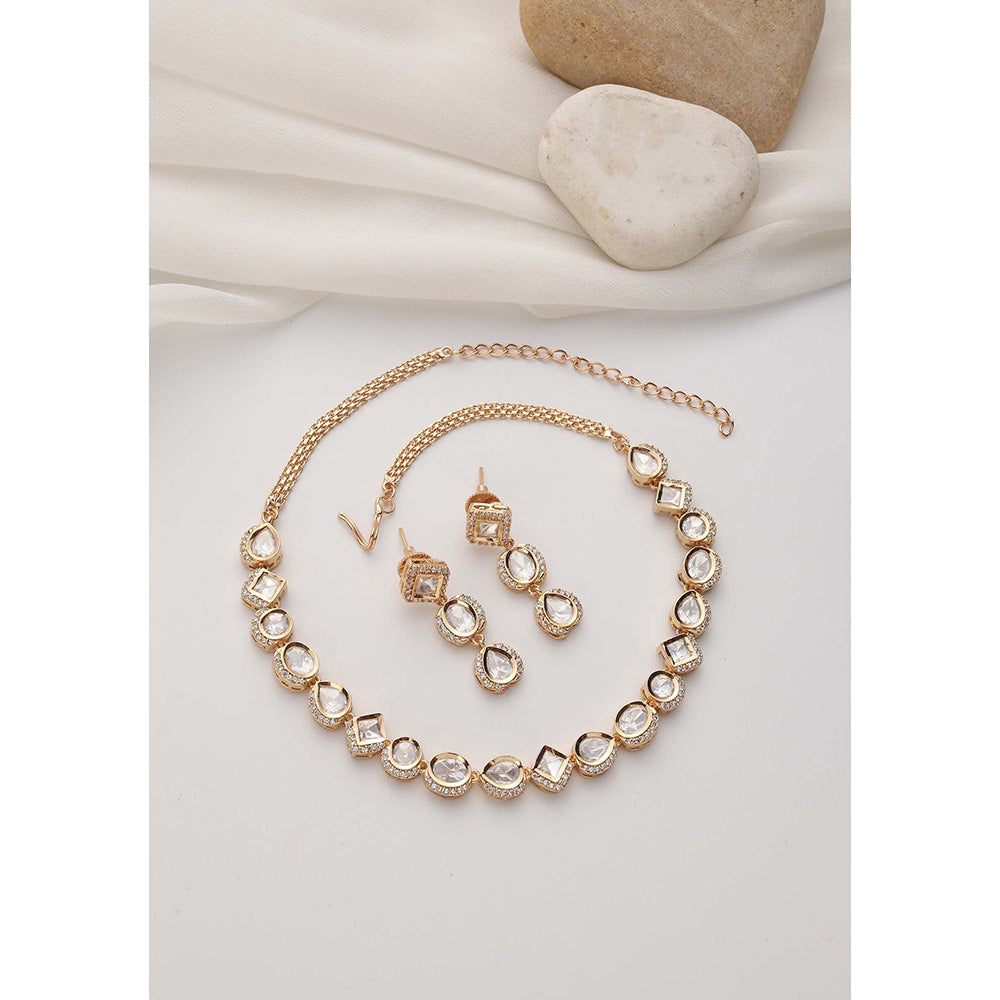 SWABHIMANN Kiran Rose Gold Polki Single Line Necklace with Earrings Set