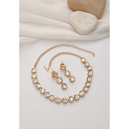 SWABHIMANN Kiran Rose Gold Polki Single Line Necklace with Earrings Set