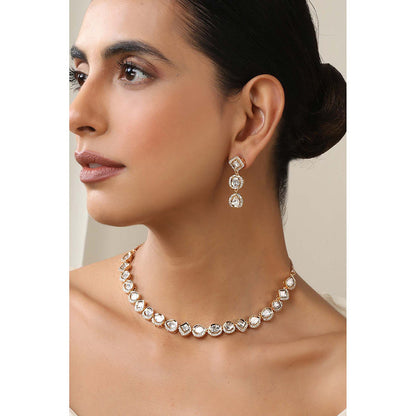 SWABHIMANN Kiran Rose Gold Polki Single Line Necklace with Earrings Set