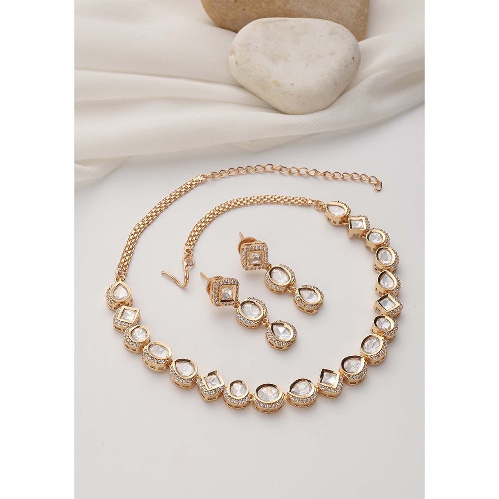 SWABHIMANN Kiran Rose Gold Polki Single Line Necklace with Earrings Set