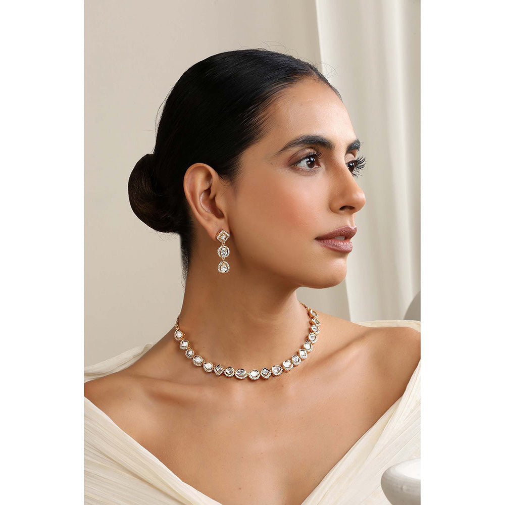 SWABHIMANN Kiran Rose Gold Polki Single Line Necklace with Earrings Set