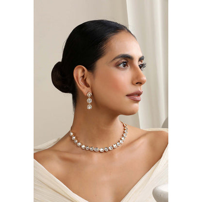 SWABHIMANN Kiran Rose Gold Polki Single Line Necklace with Earrings Set