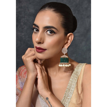 SWABHIMANN Emerald Chandelier Rose Gold Plated Zirconia Jhumka Earrings