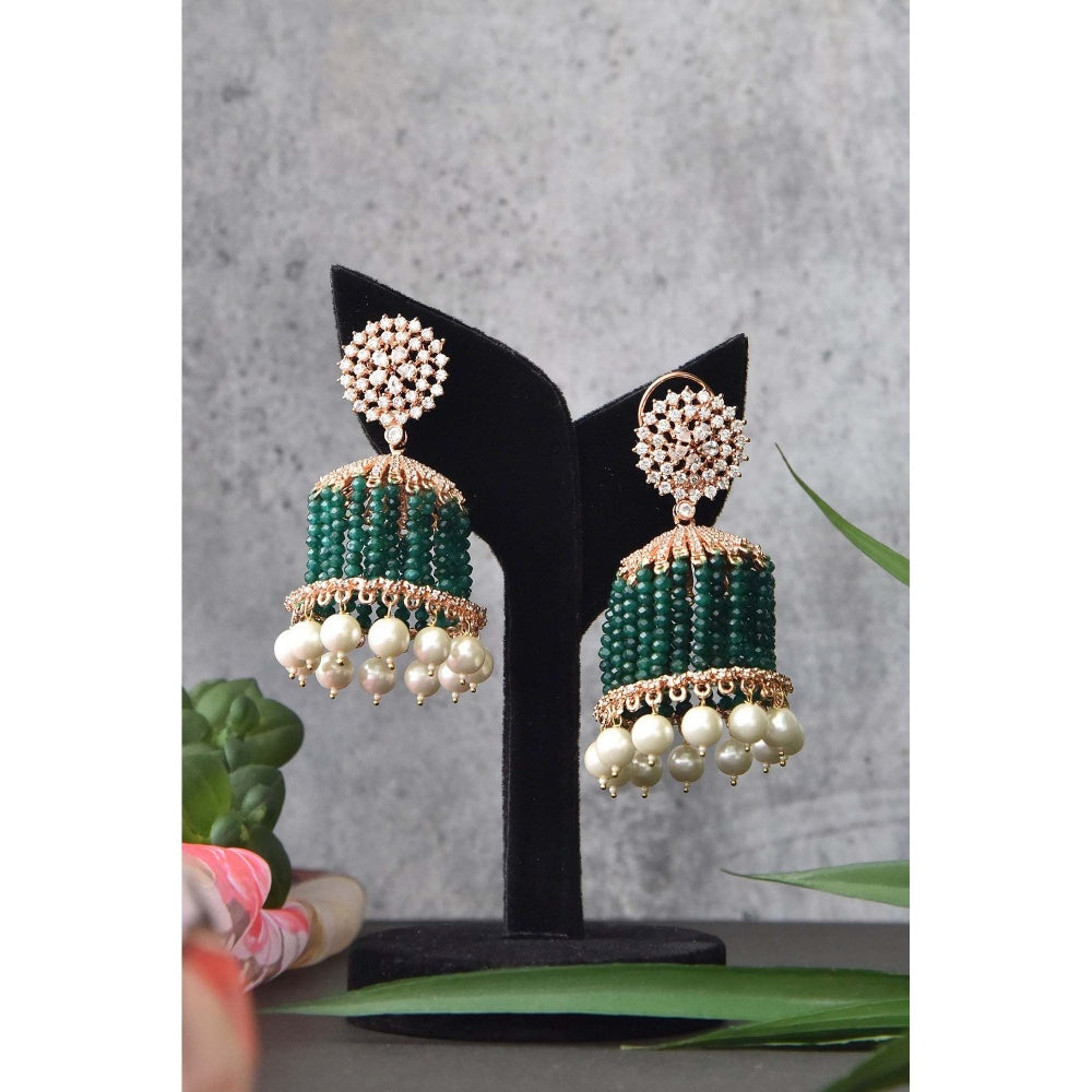 SWABHIMANN Emerald Chandelier Rose Gold Plated Zirconia Jhumka Earrings