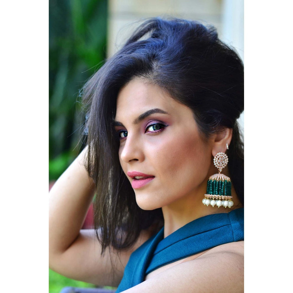 SWABHIMANN Emerald Chandelier Rose Gold Plated Zirconia Jhumka Earrings