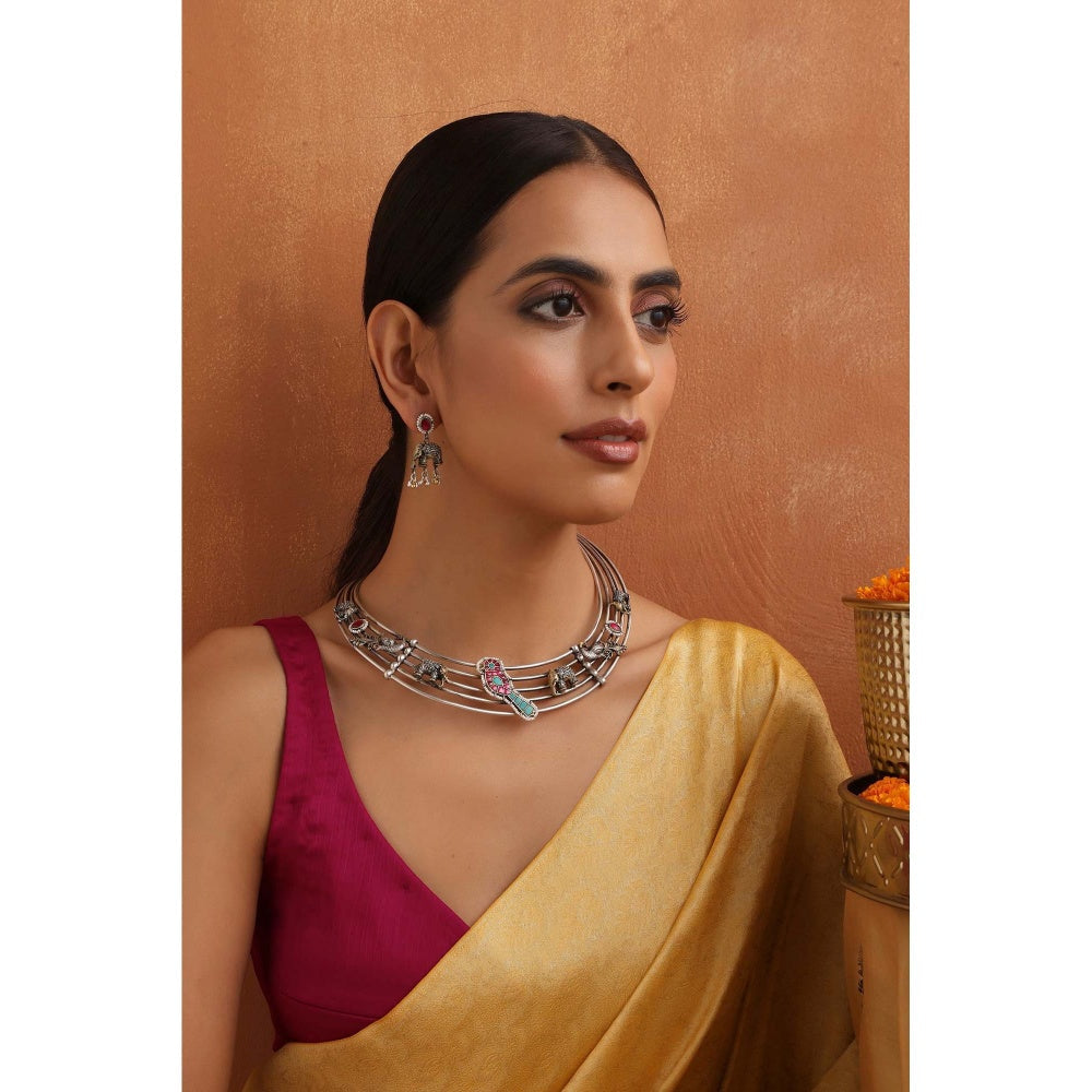 SWABHIMANN Migdha Multicolour Silver Hasli Necklace Set