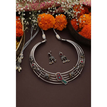 SWABHIMANN Migdha Multicolour Silver Hasli Necklace Set