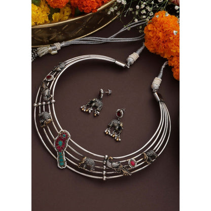 SWABHIMANN Migdha Multicolour Silver Hasli Necklace Set
