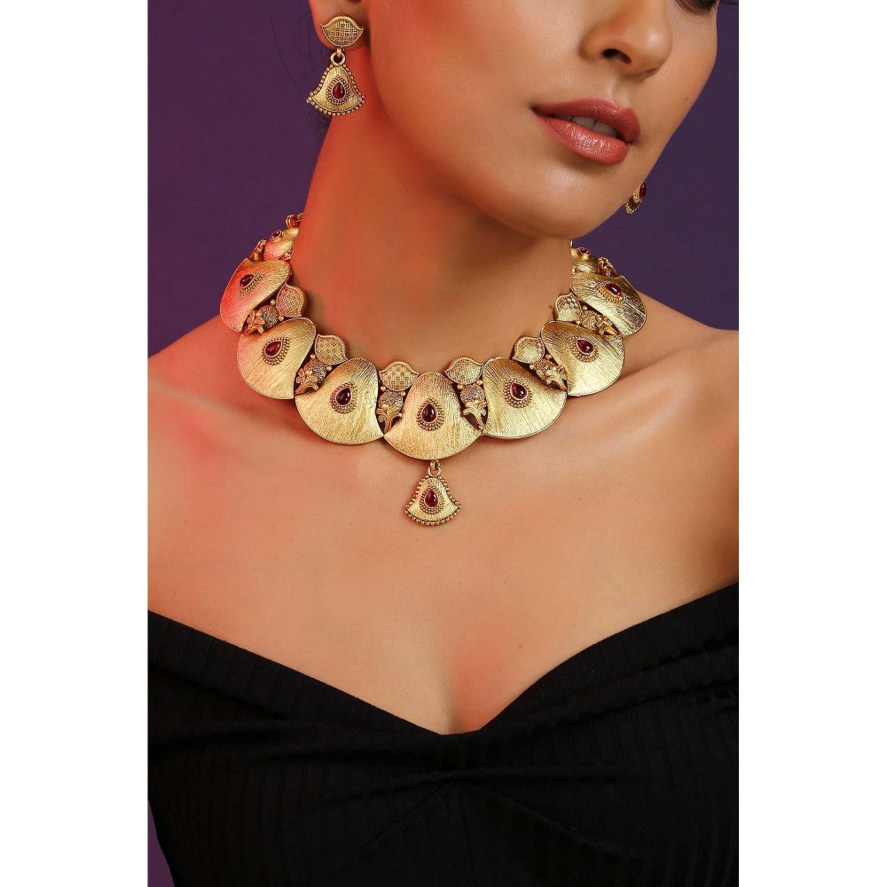 SWABHIMANN Vriksham Red Gold Plated Temple Necklace Set