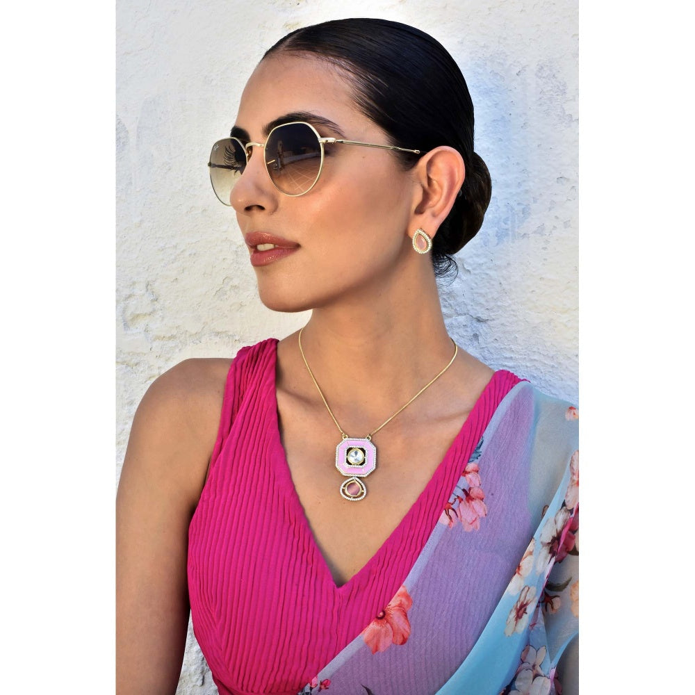 SWABHIMANN Jasmin Pink Polki Pendant Set