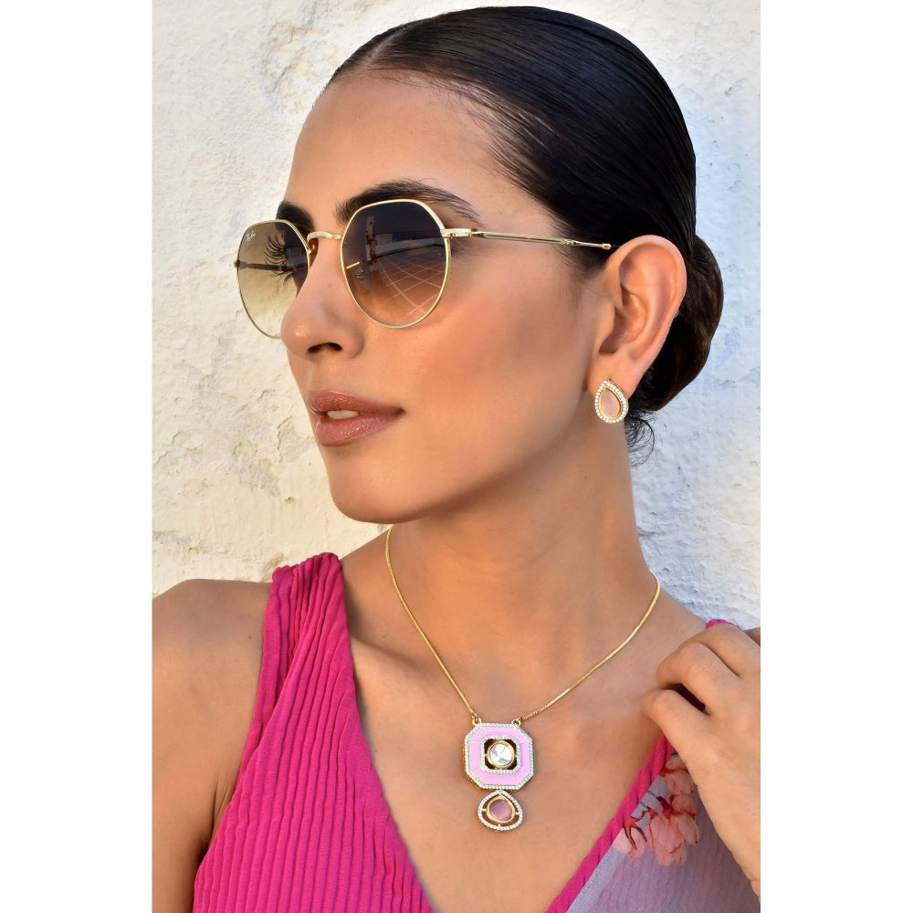 SWABHIMANN Jasmin Pink Polki Pendant Set