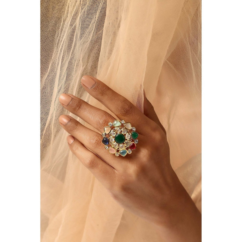 SWABHIMANN Jheel Navrattan Kundan Ring