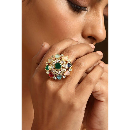 SWABHIMANN Jheel Navrattan Kundan Ring