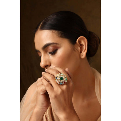 SWABHIMANN Jheel Navrattan Kundan Ring