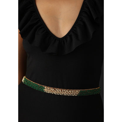 SWABHIMANN Shikha Green and White Pearl Adjustable Waist Belt