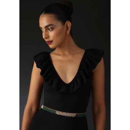 SWABHIMANN Shikha Green and White Pearl Adjustable Waist Belt