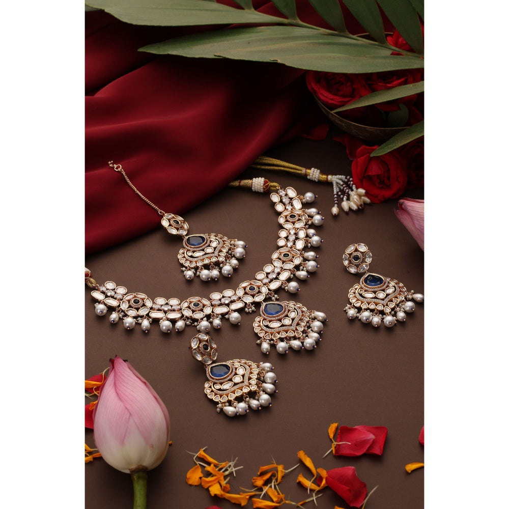 SWABHIMANN Unneri Sapphire and Polki Necklace Set with Maang Tikka