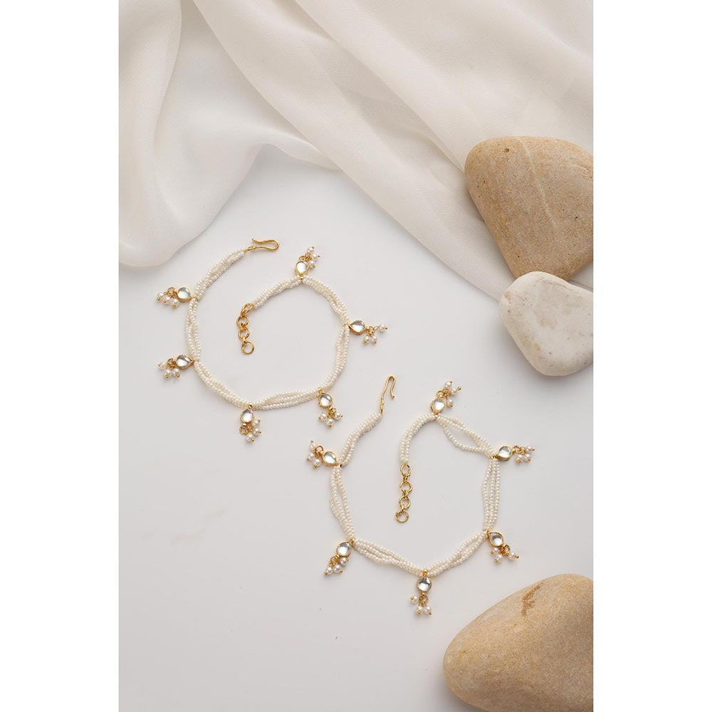 SWABHIMANN Fauna White Kundan and Pearls Anklets