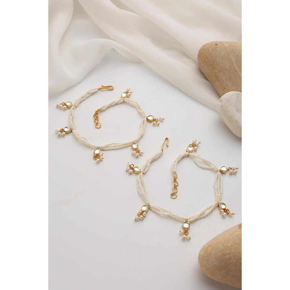 SWABHIMANN Fauna White Kundan and Pearls Anklets