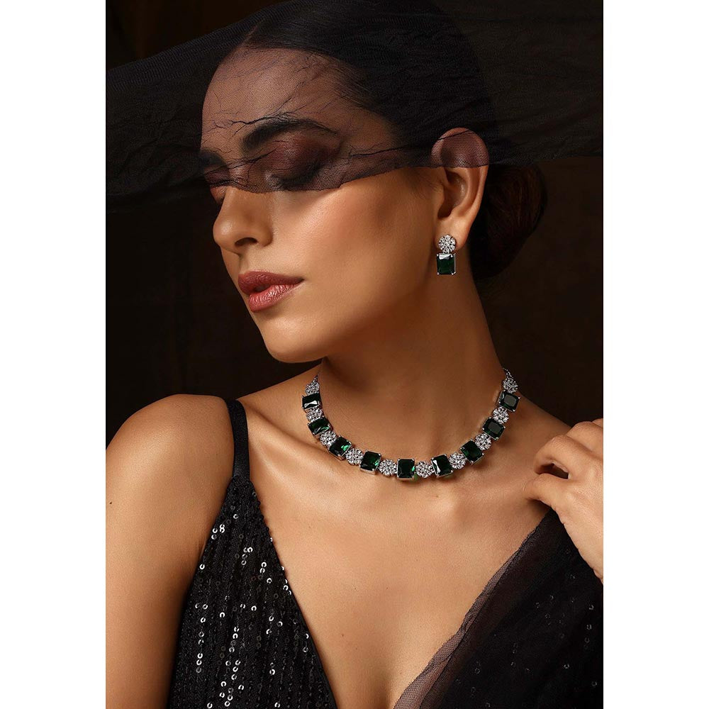SWABHIMANN Elvy Emerald Single Line Necklace with Earrings