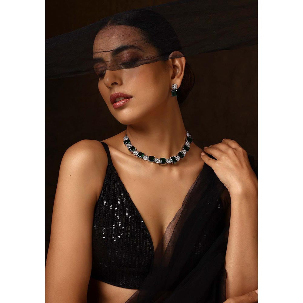 SWABHIMANN Elvy Emerald Single Line Necklace with Earrings