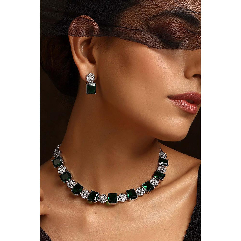 SWABHIMANN Elvy Emerald Single Line Necklace with Earrings