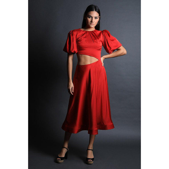 Swatee Singh Pouf Sleeves Fit and Flared Dress With Cut Out