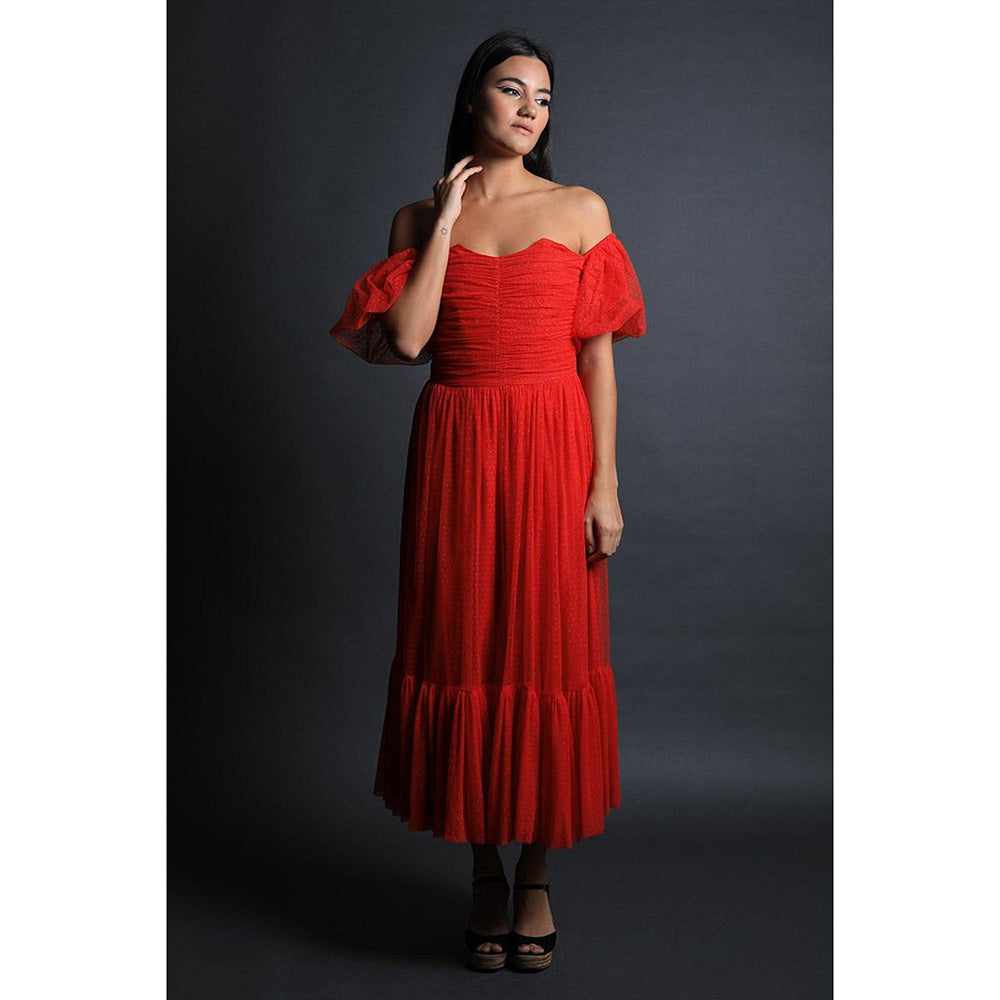 Swatee Singh Corseted Lace Dress With Off Shoulder Sleeves