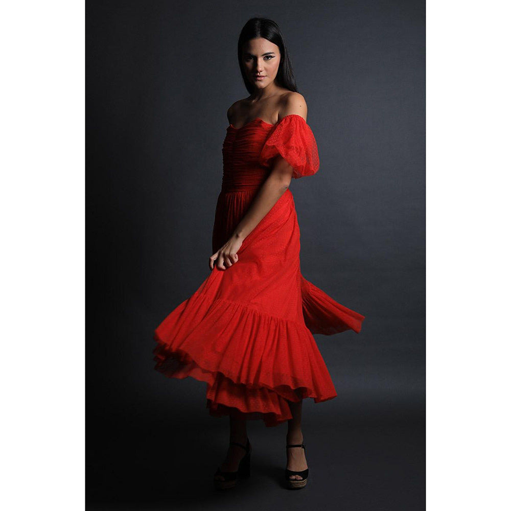 Swatee Singh Corseted Lace Dress With Off Shoulder Sleeves