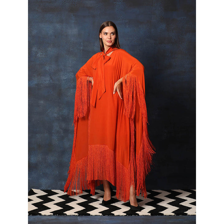 Swatee Singh Scarf Collar V Neck Kaftan Asymmetrical Dress With Fringes