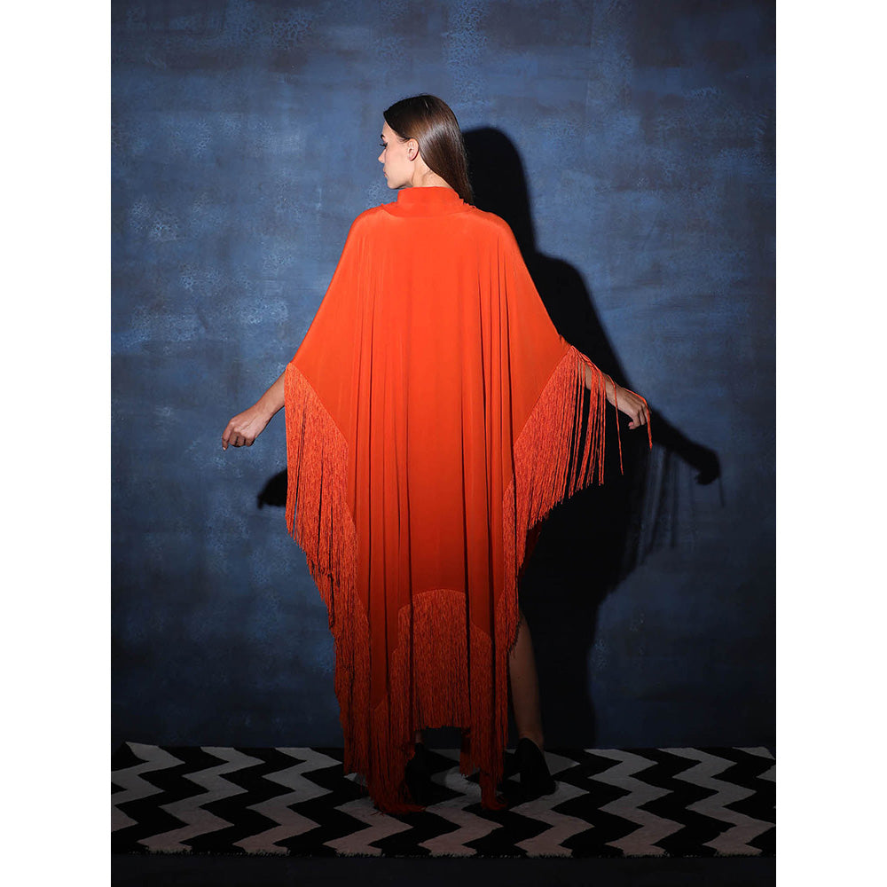 Swatee Singh Scarf Collar V Neck Kaftan Asymmetrical Dress With Fringes