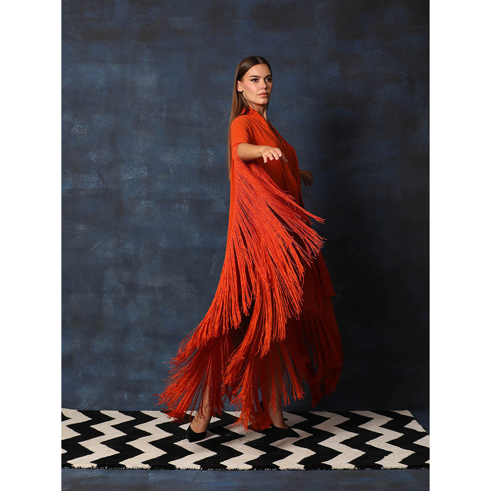 Swatee Singh Scarf Collar V Neck Kaftan Asymmetrical Dress With Fringes