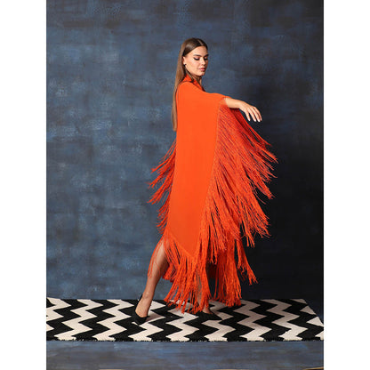Swatee Singh Scarf Collar V Neck Kaftan Asymmetrical Dress With Fringes