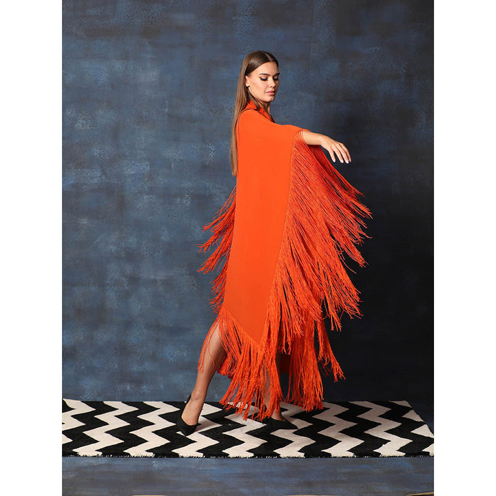 Swatee Singh Scarf Collar V Neck Kaftan Asymmetrical Dress With Fringes