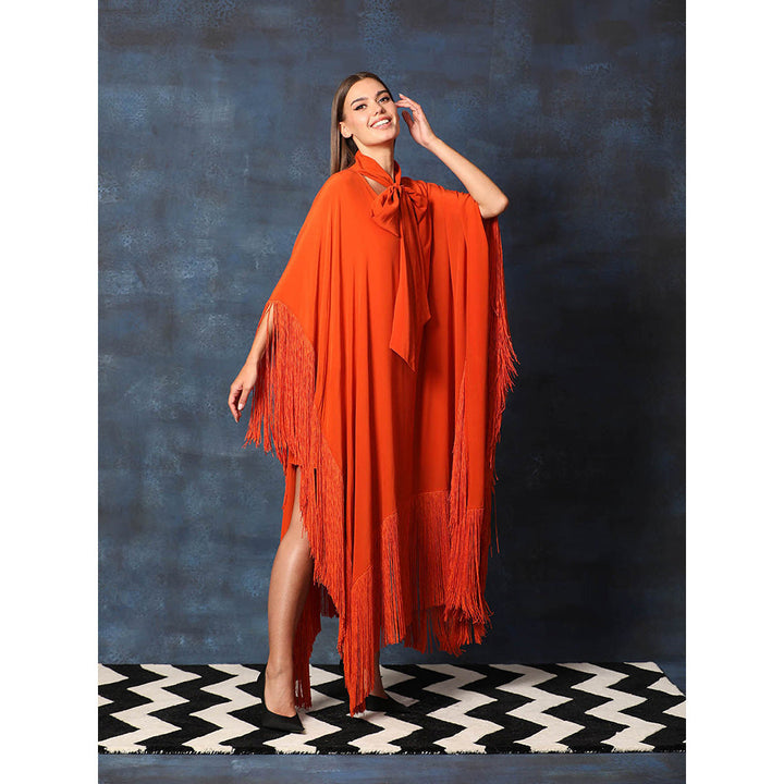 Swatee Singh Scarf Collar V Neck Kaftan Asymmetrical Dress With Fringes