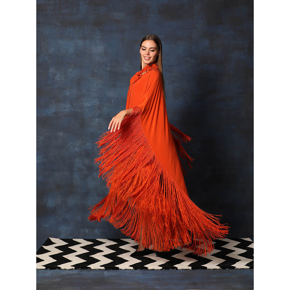 Swatee Singh Scarf Collar V Neck Kaftan Asymmetrical Dress With Fringes