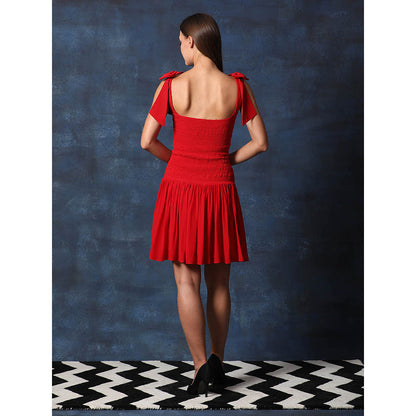 Swatee Singh Square Neckline Smocking Dress With Bows At Shoulder