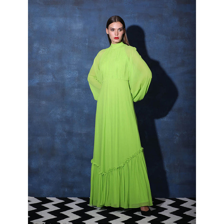 Swatee Singh Backless Tie Halter Neck Gown With Frilled Hem And Full Balloon Sleeves