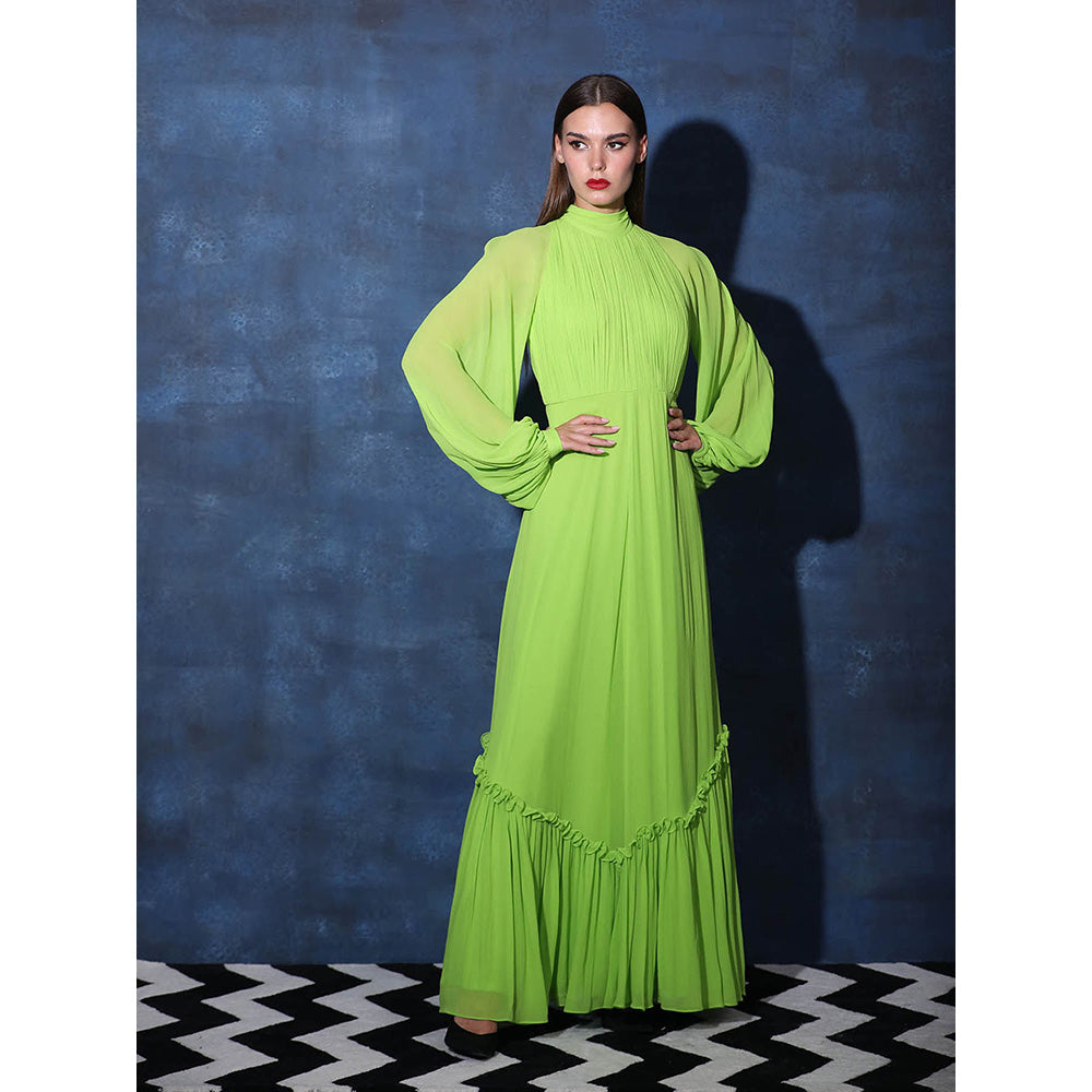 Swatee Singh Backless Tie Halter Neck Gown With Frilled Hem And Full Balloon Sleeves