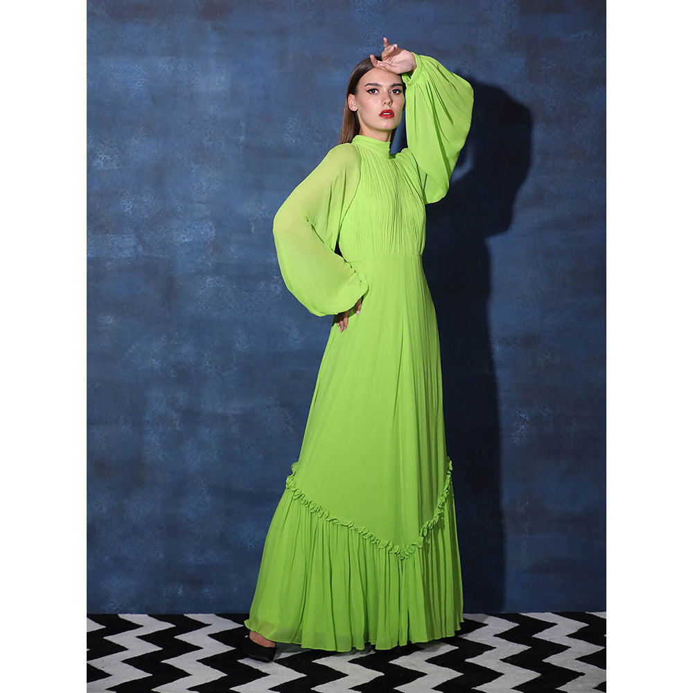 Swatee Singh Backless Tie Halter Neck Gown With Frilled Hem And Full Balloon Sleeves