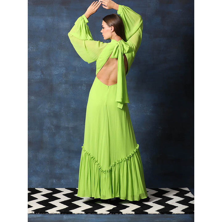 Swatee Singh Backless Tie Halter Neck Gown With Frilled Hem And Full Balloon Sleeves